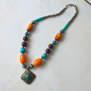 Turquoise and wood boho necklace